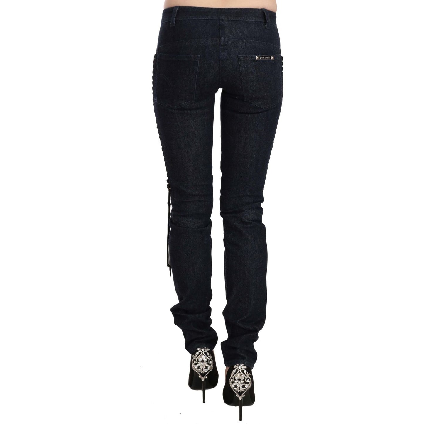 Just Cavalli Blue Low Waist Skinny Trousers Braided String Pants PAN70321-26