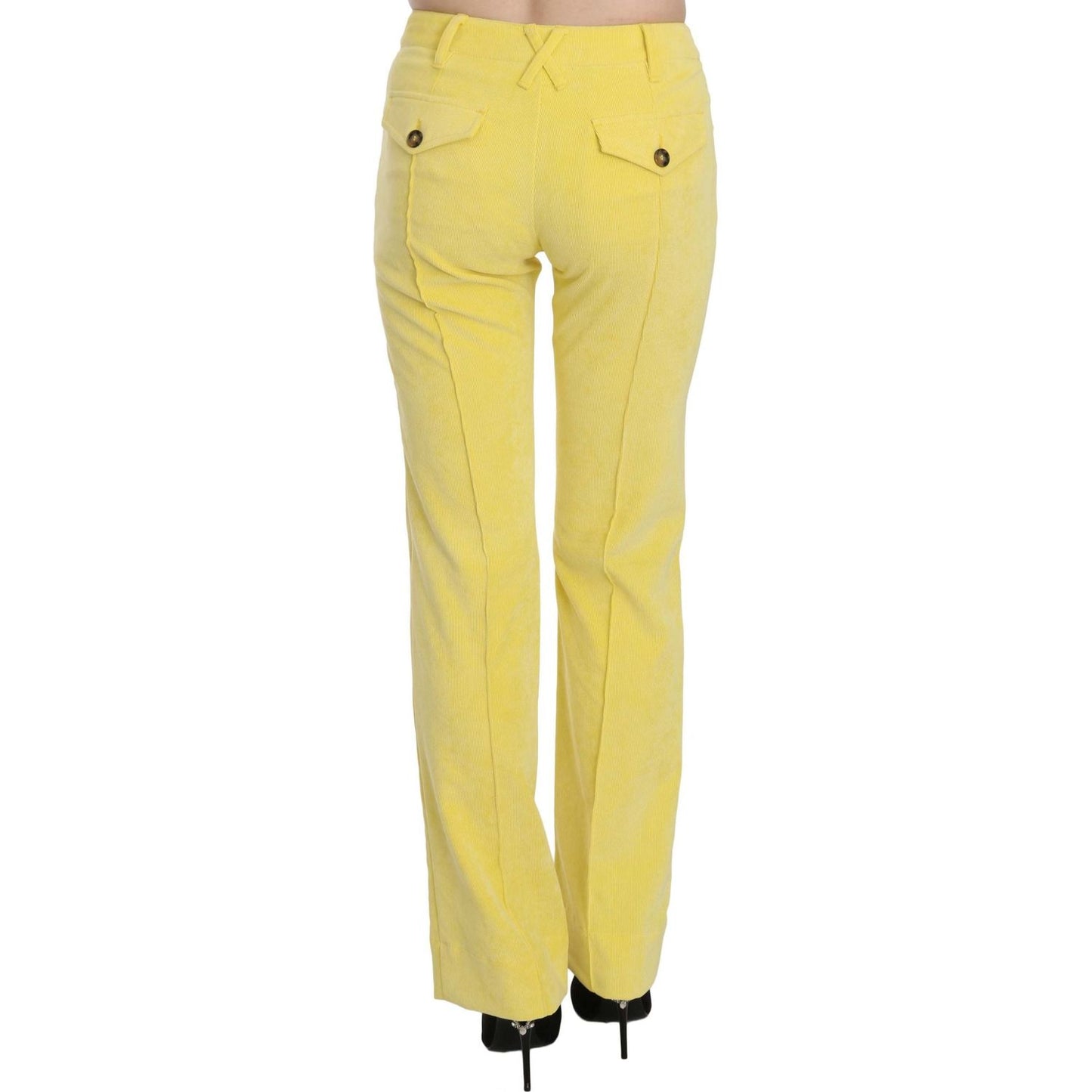 Just Cavalli Yellow Corduroy Mid Waist Straight Trousers Pants