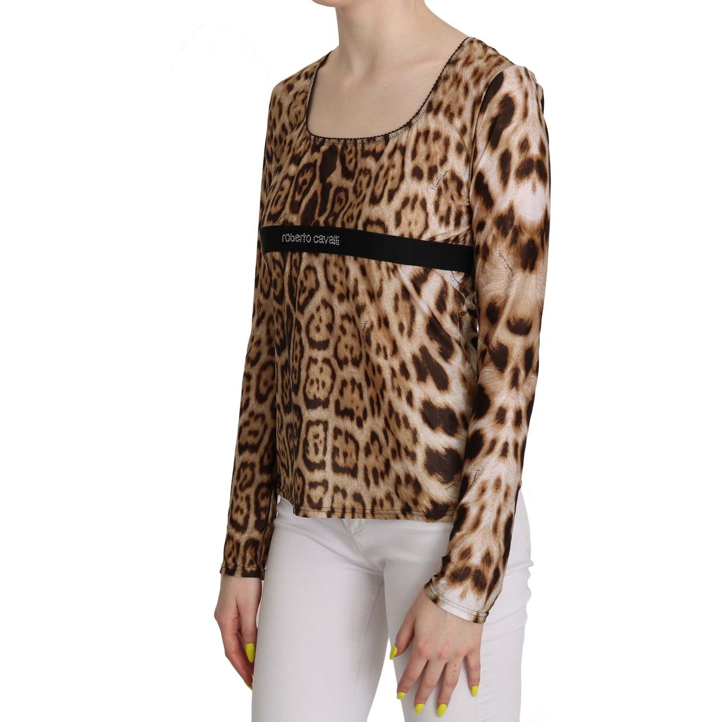 Roberto Cavalli Brown Round Neck Leopard Women Top Blouse TSH3671-46