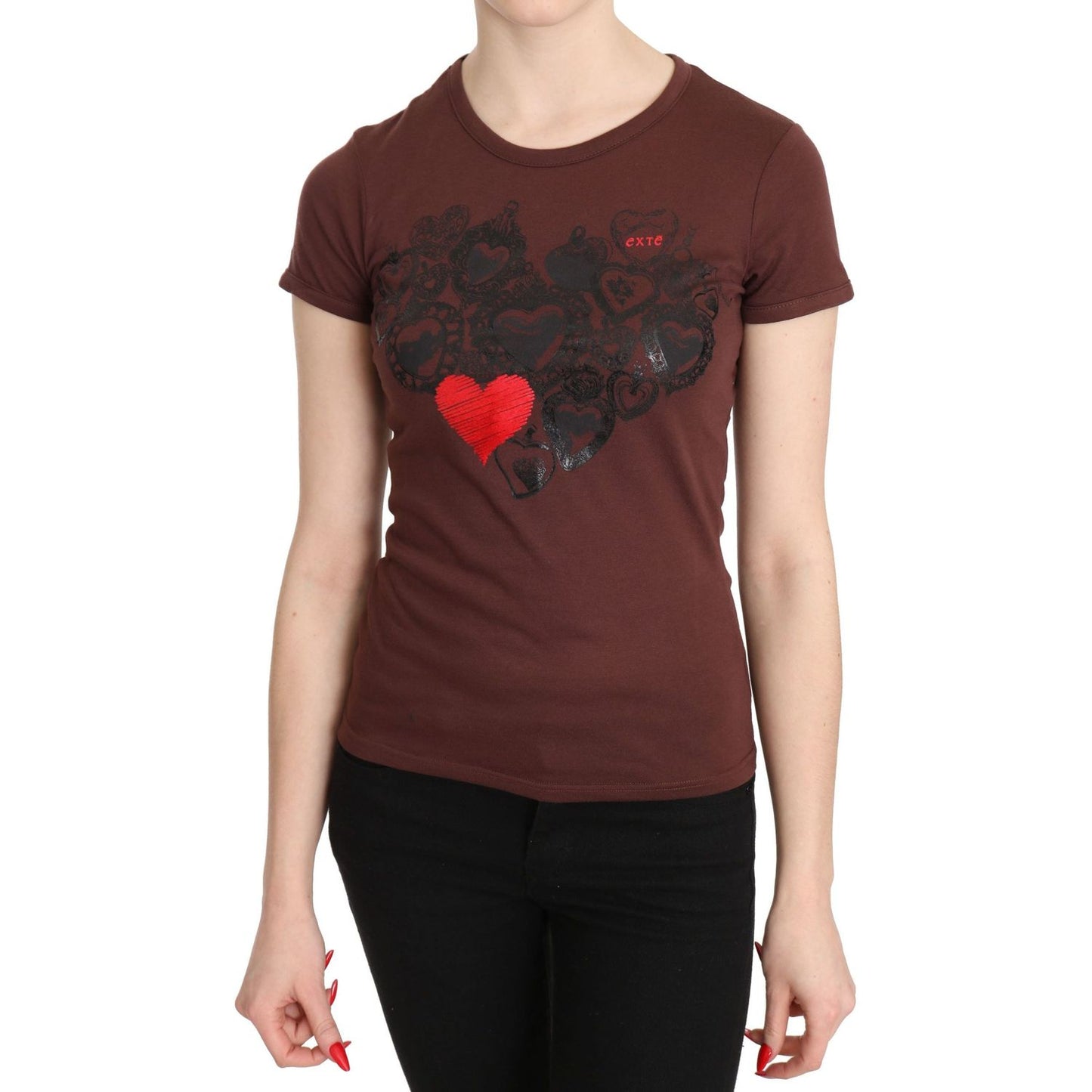 Exte Brown Hearts Printed Round Neck T-shirt Top TSH3419-42