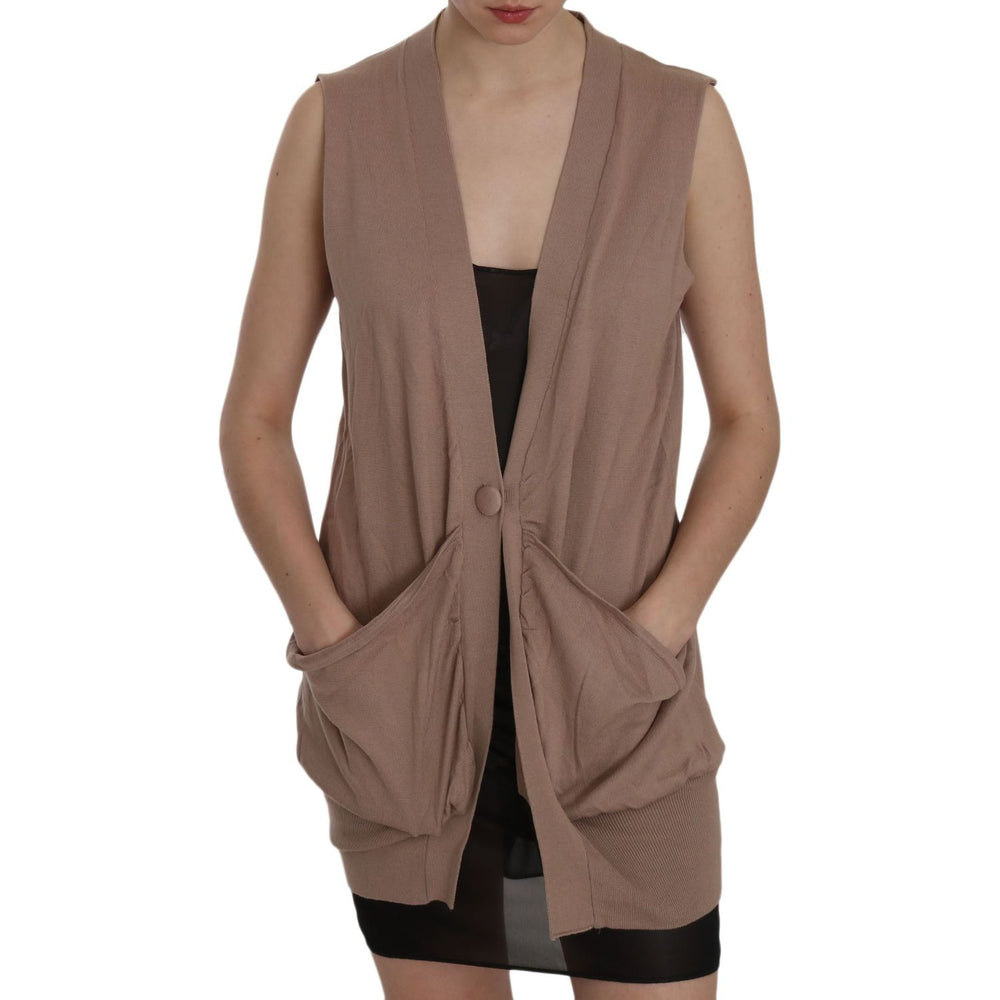 PINK MEMORIES Brown 100% Cotton Sleeveless Cardigan Top Vest TSH3458-42