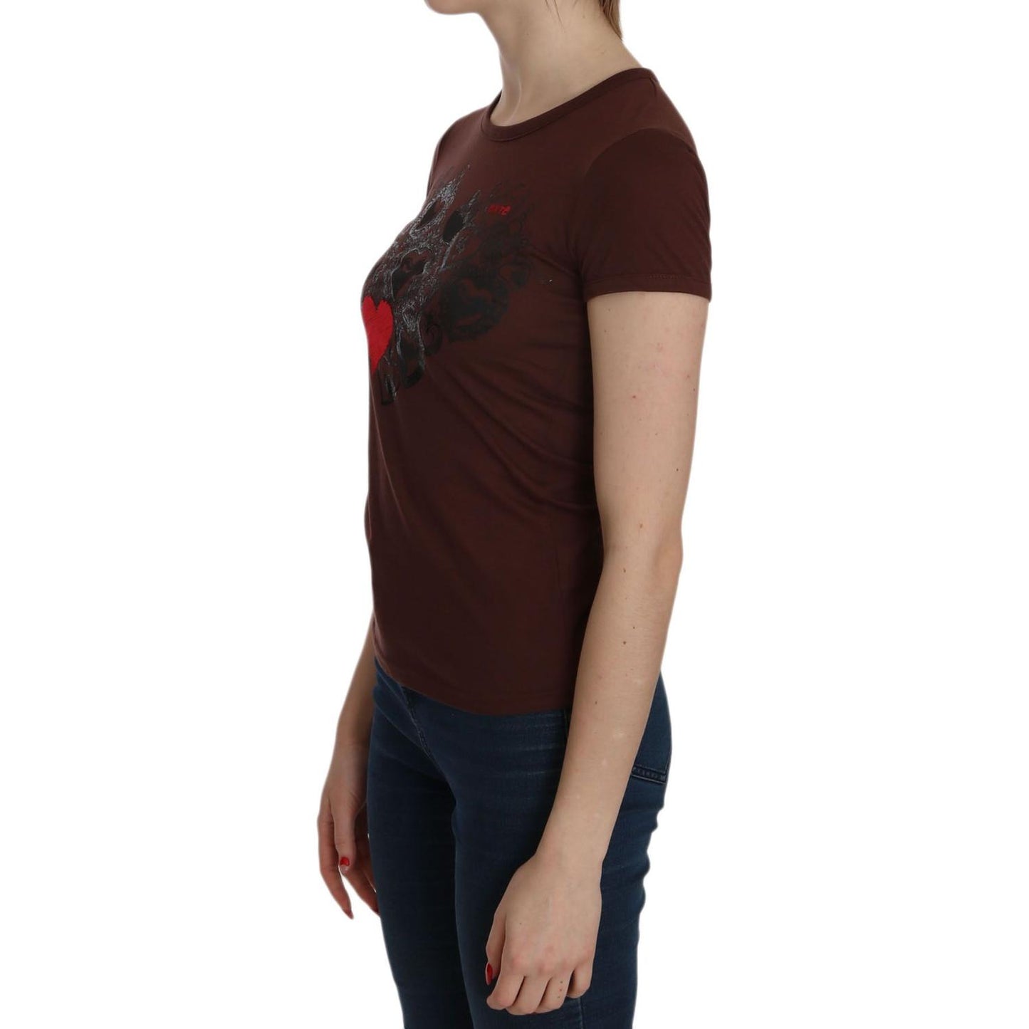 Exte Brown Heart Print Crew Neck T-shirt Short Sleeve Blouse TSH3716-42