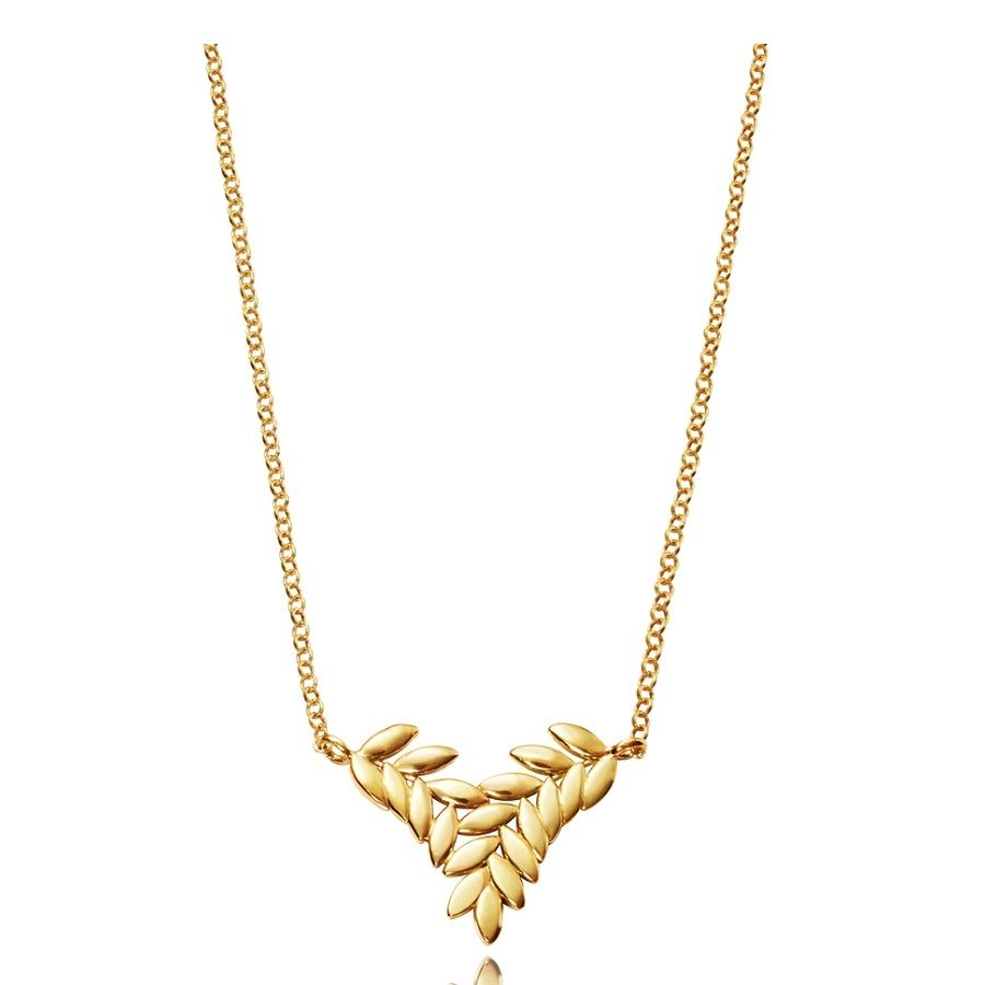 Gold leaf design necklace on a chain, featuring elegant gold leaves interwoven in a symmetrical pattern against a white background.