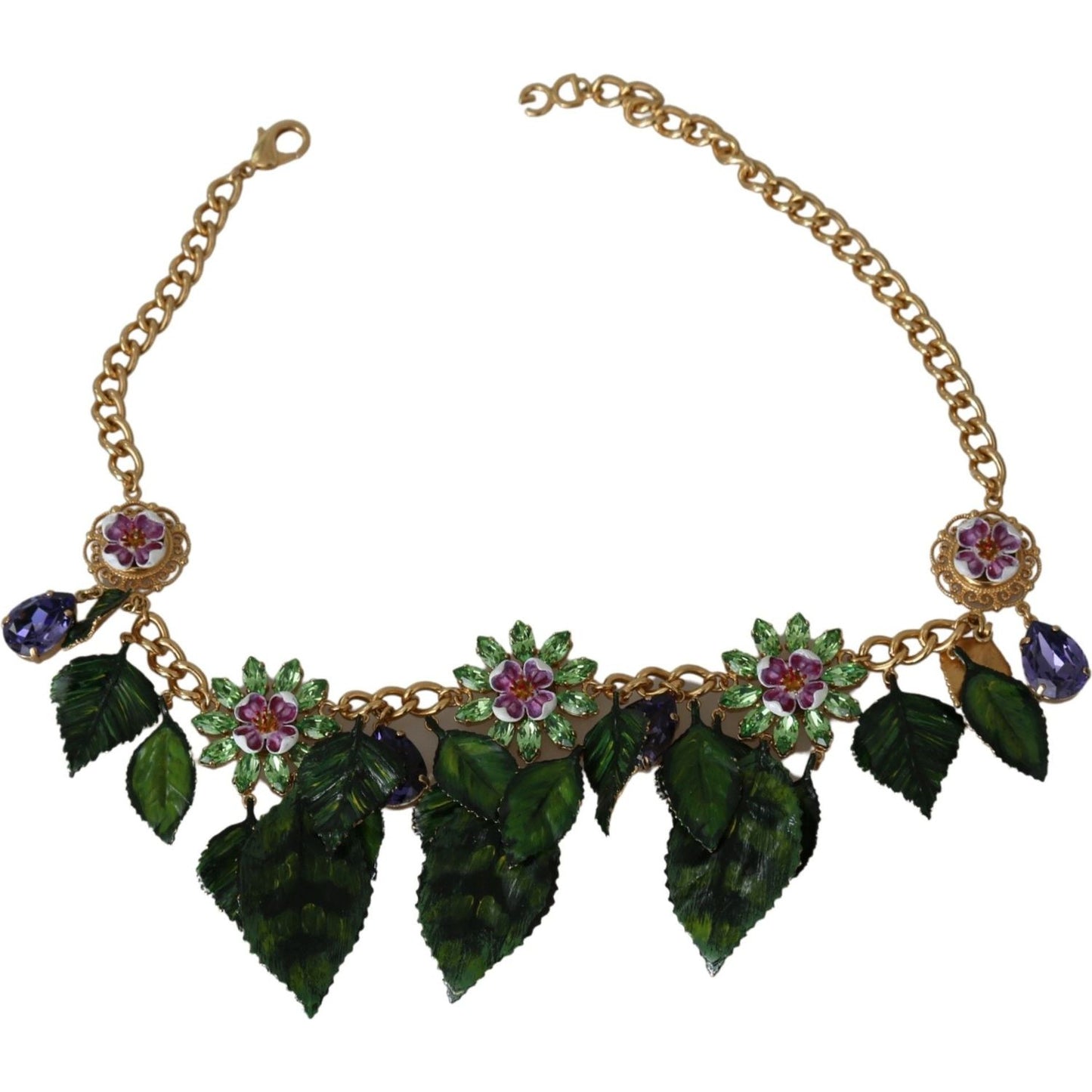 Dolce & Gabbana Green Leaves Gold Brass Crystal Flower Pendant Necklace SMY10075