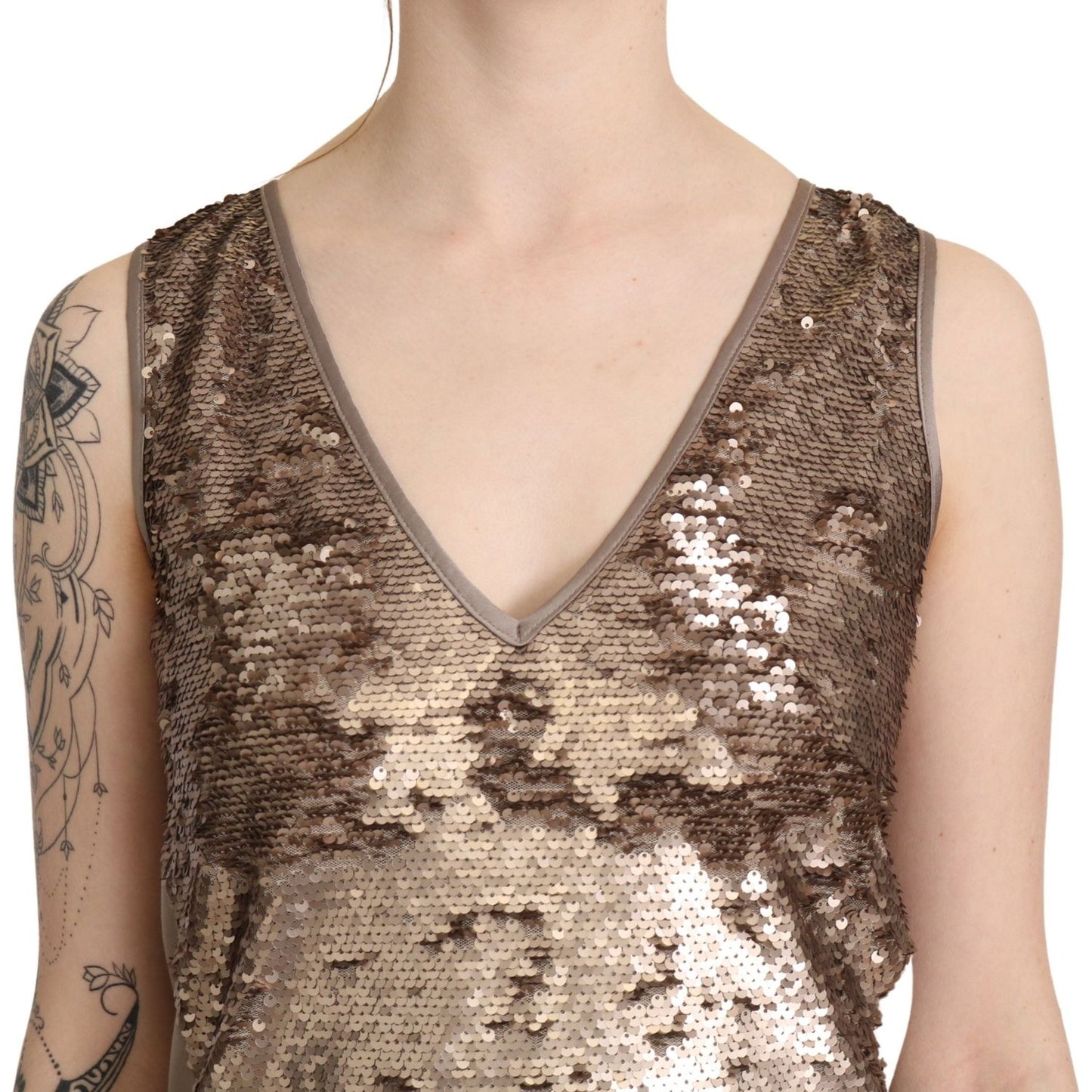 Liu Jo Brown Sequined V-neck Sleeveless Sheath Mini Dress DR2615-42