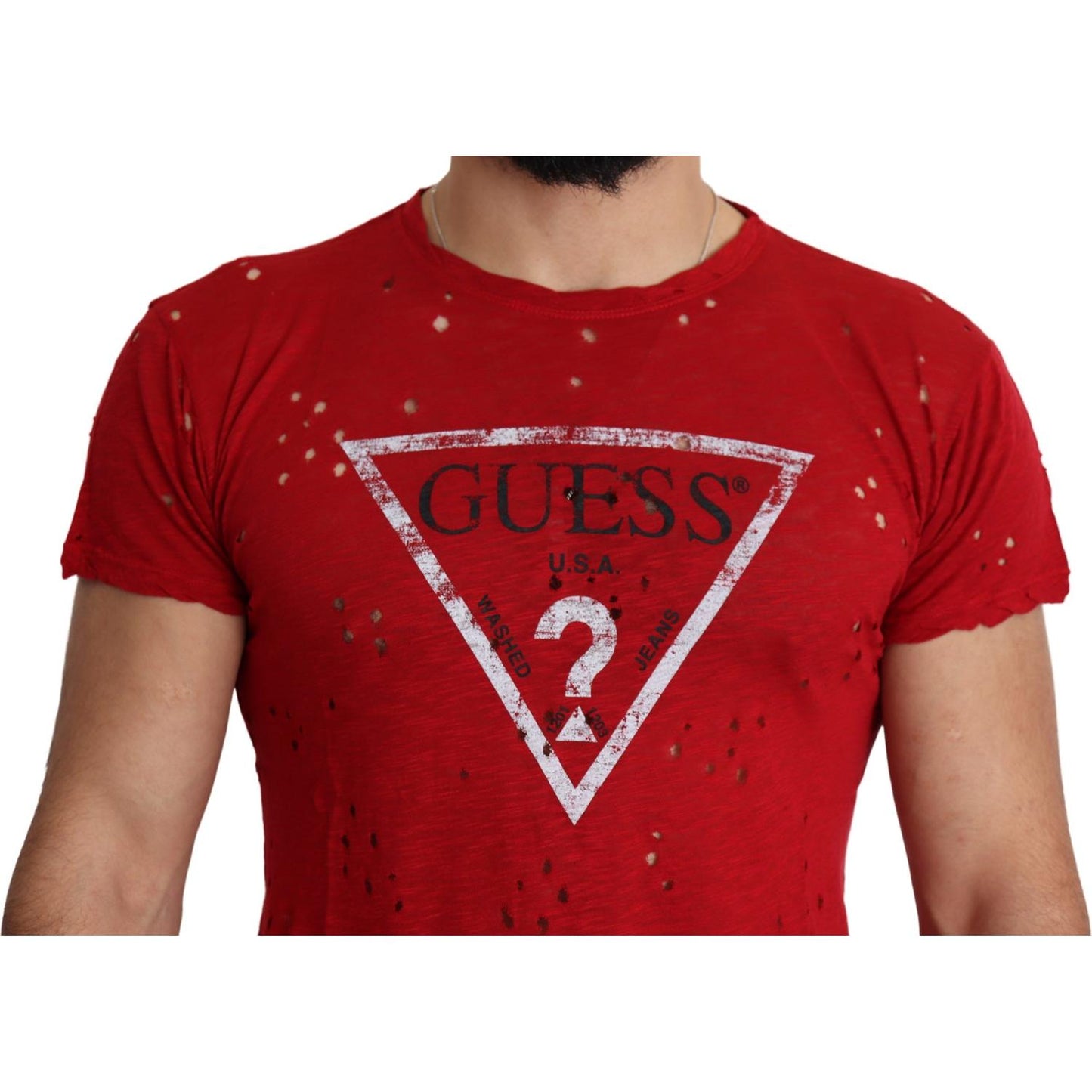 Guess Red Cotton Logo Print Men Casual Top Perforated T-shirt TSH5084-L