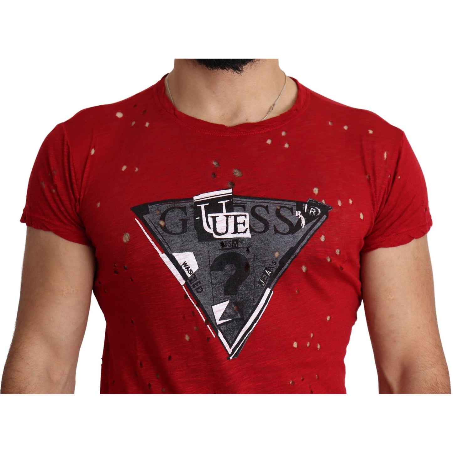 Guess Red Cotton Logo Print Men Casual Top Perforated T-shirt TSH5085-L
