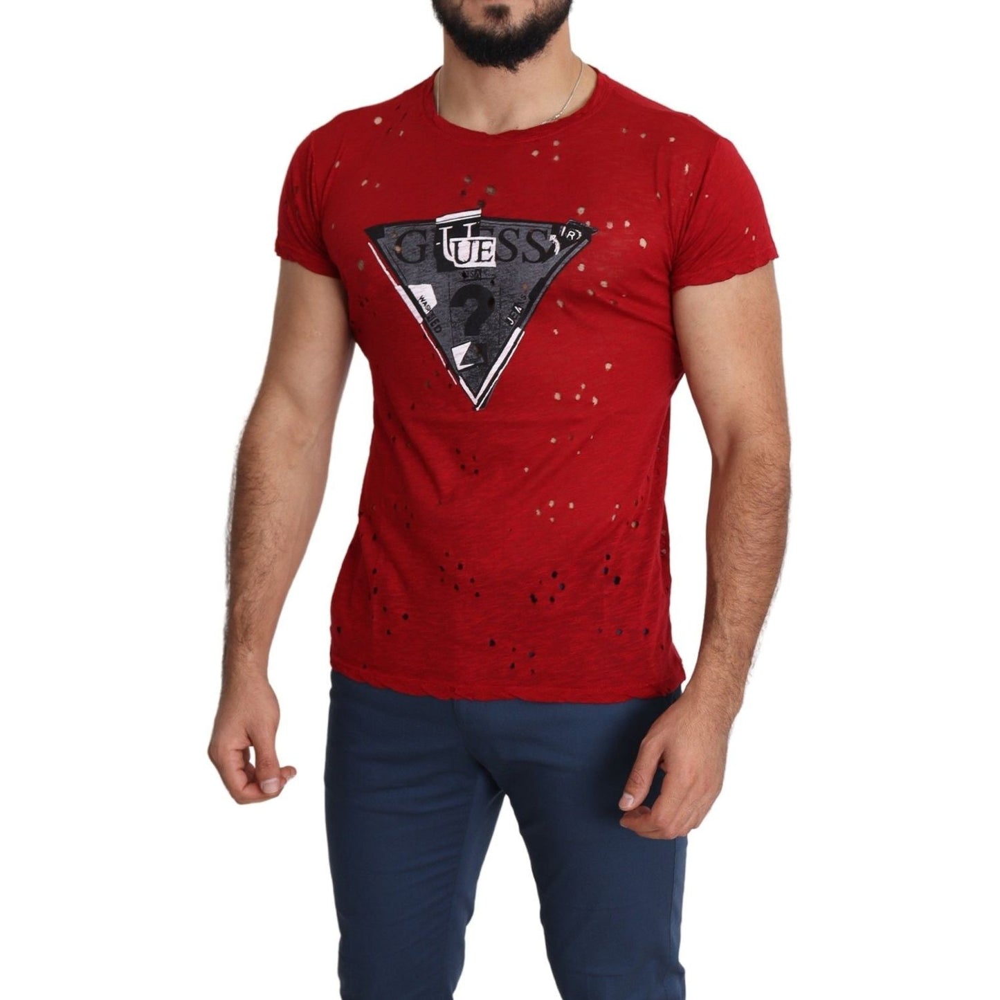 Guess Red Cotton Logo Print Men Casual Top Perforated T-shirt TSH5085-L