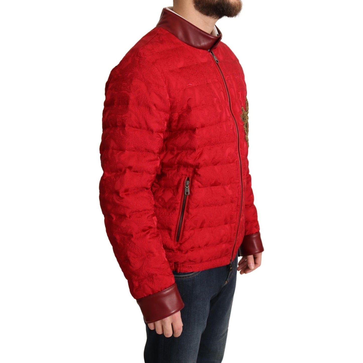 Dolce & Gabbana Red Brocade Bomber Gold Crown Logo Coat Jacket JKT2903-IT48