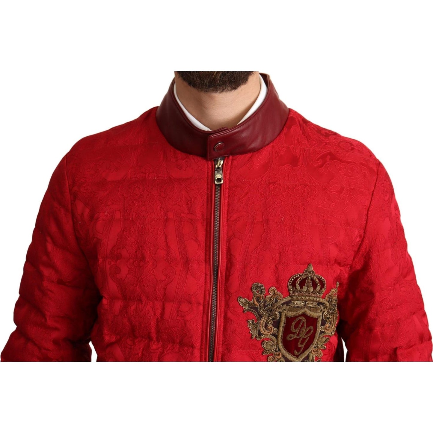 Dolce & Gabbana Red Brocade Bomber Gold Crown Logo Coat Jacket JKT2903-IT48