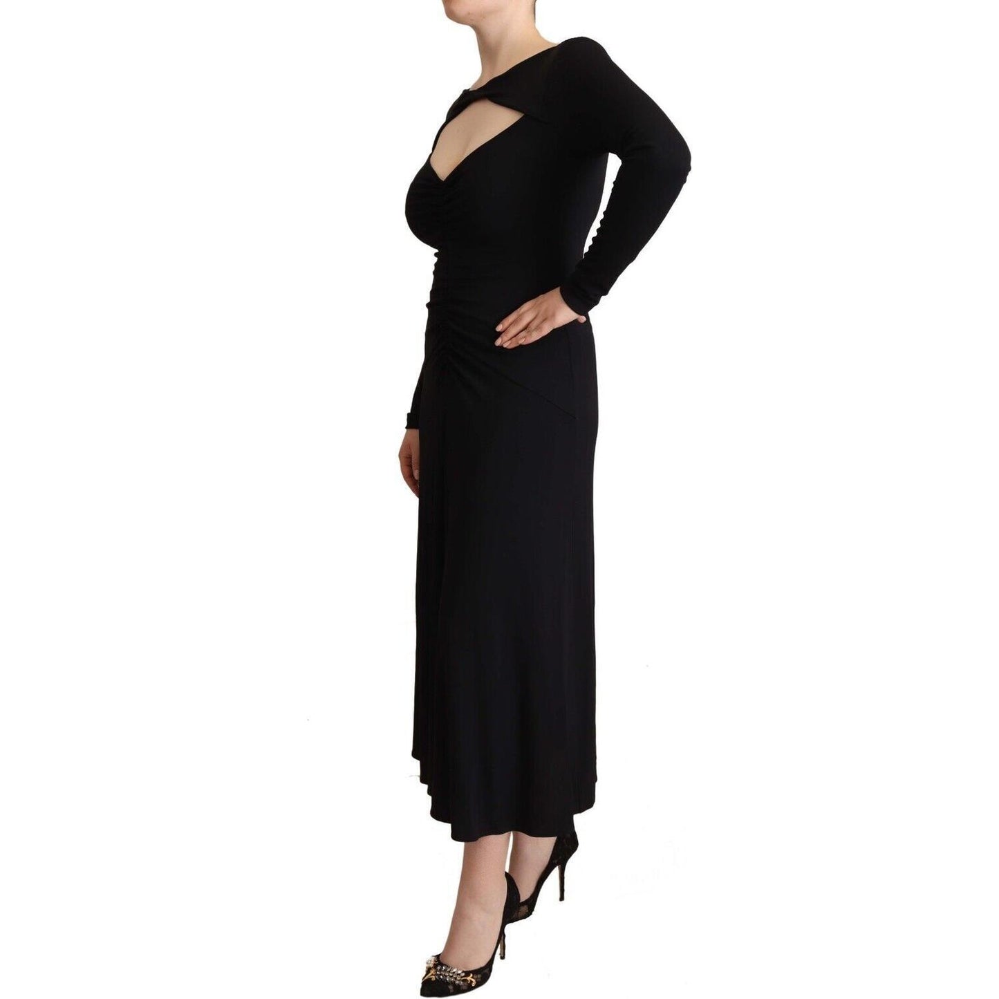 PINKO Black Nylon Stretch Long Sleeves Deep V-neck Maxi Dress WOMAN DRESSES