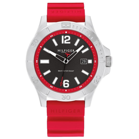 TOMMY HILFIGER Mod. 1710540 gents quartz analog watch, 46mm steel case, mineral dial, 5 ATM water resistant, official box, red bracelet