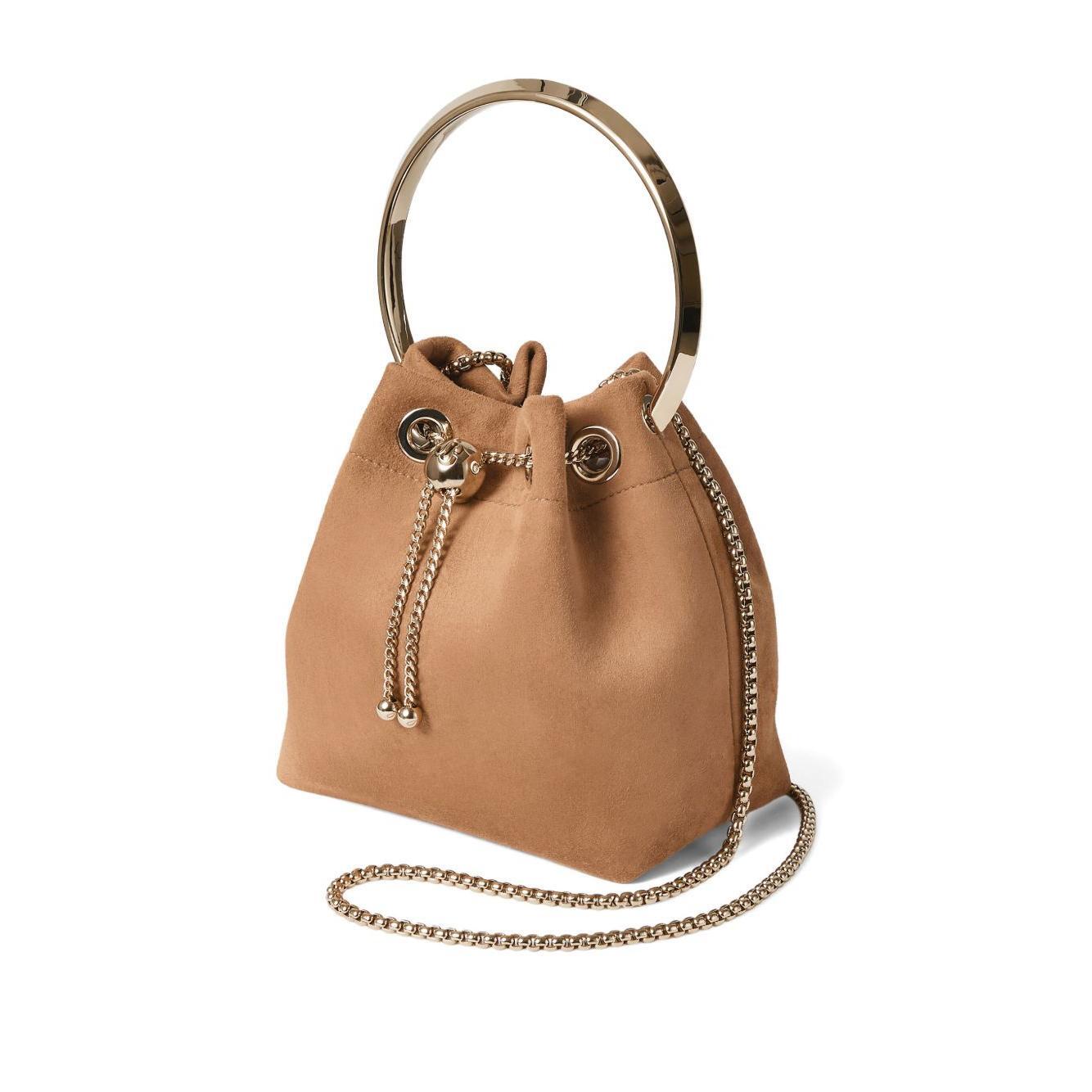Jimmy Choo Toffee Suede Bag With Pearl Closure Shoulder
