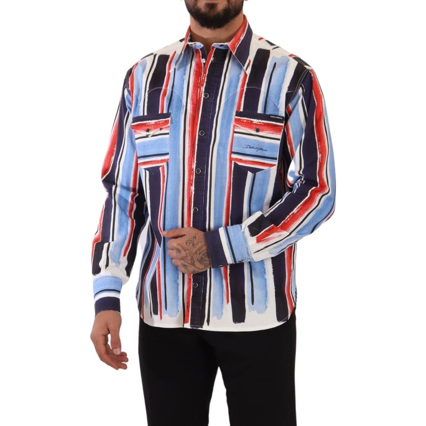 Dolce & Gabbana Red Striped Long Sleeve Cotton Shirt Blue TSH7535- 40