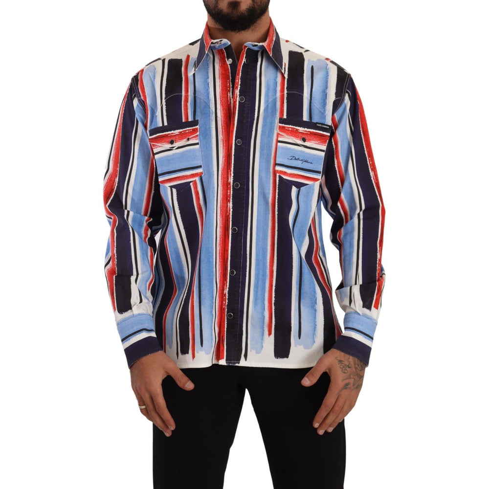 Dolce & Gabbana Red Striped Long Sleeve Cotton Shirt Blue TSH7535- 40