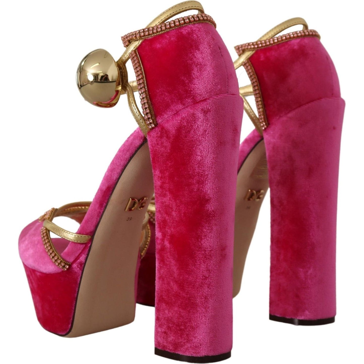 Dolce & Gabbana Pink Velvet Crystal Ankle Strap Sandals Shoes LA9774- 39.5