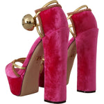 Dolce & Gabbana Pink Velvet Crystal Ankle Strap Sandals Shoes LA9774- 39.5