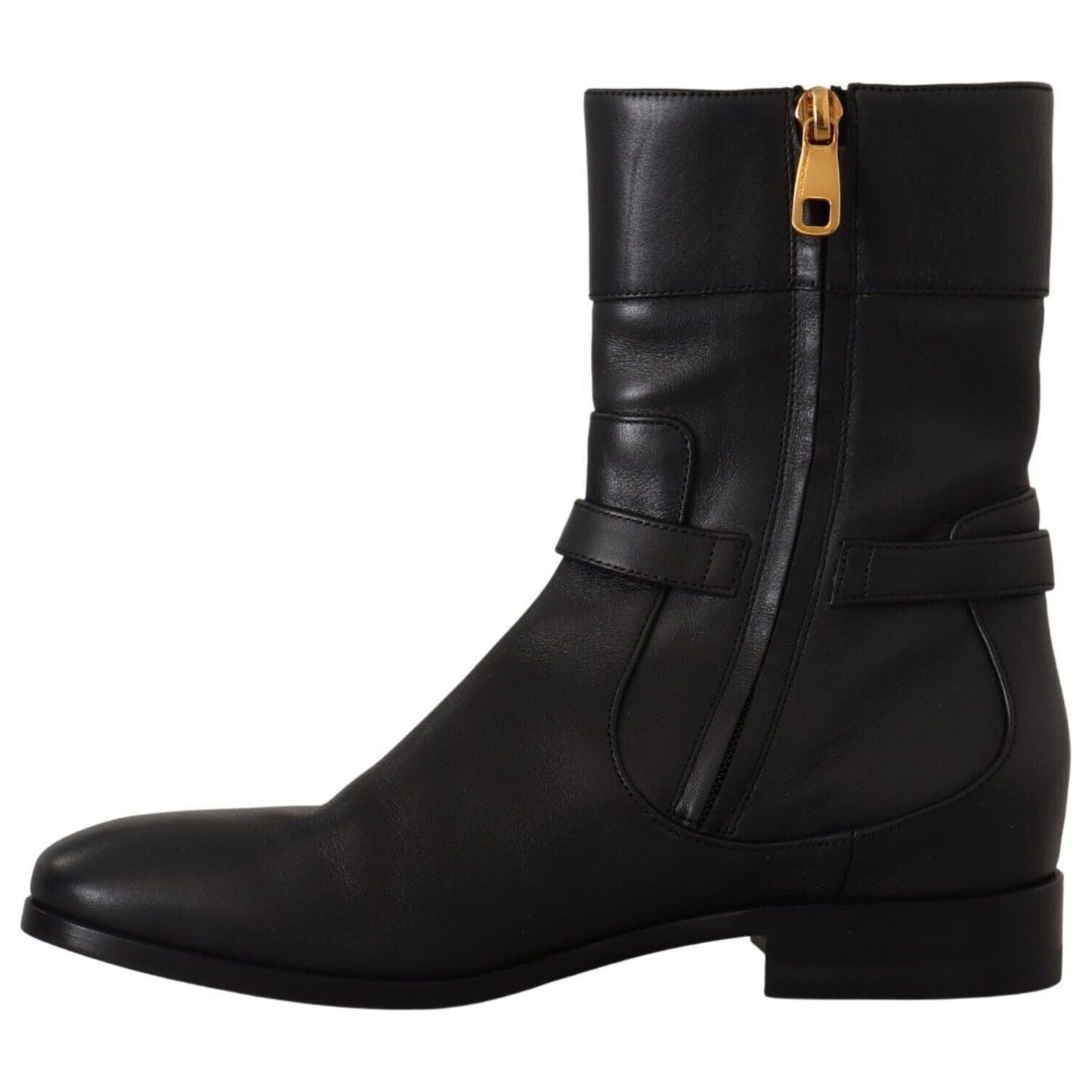 Dolce & Gabbana Black Leather Flats Logo Short Boots Shoes LA9856 - 36