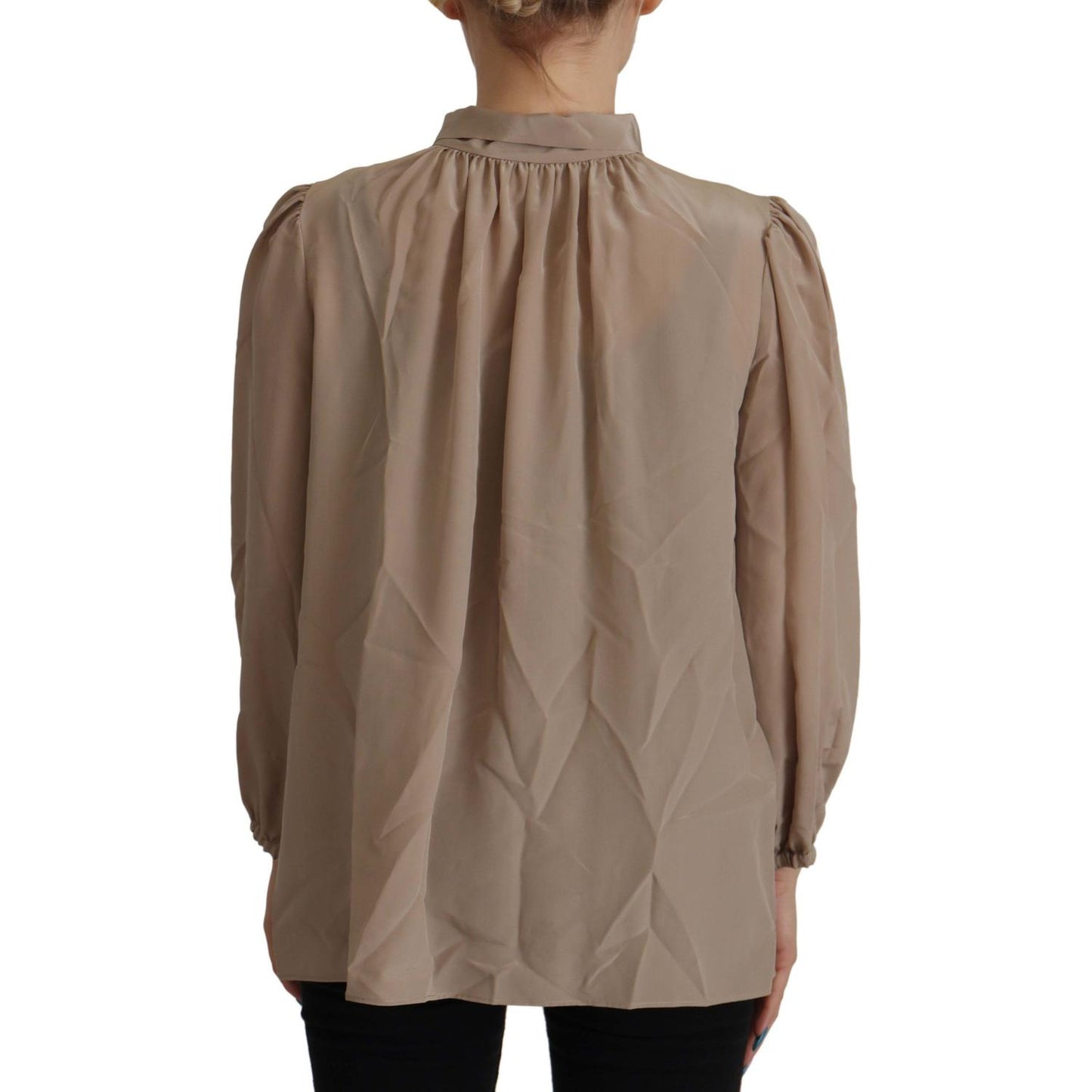 Dolce & Gabbana Brown Waistband Sleeves Ascot Collar Top Blouse TSH7823- 42