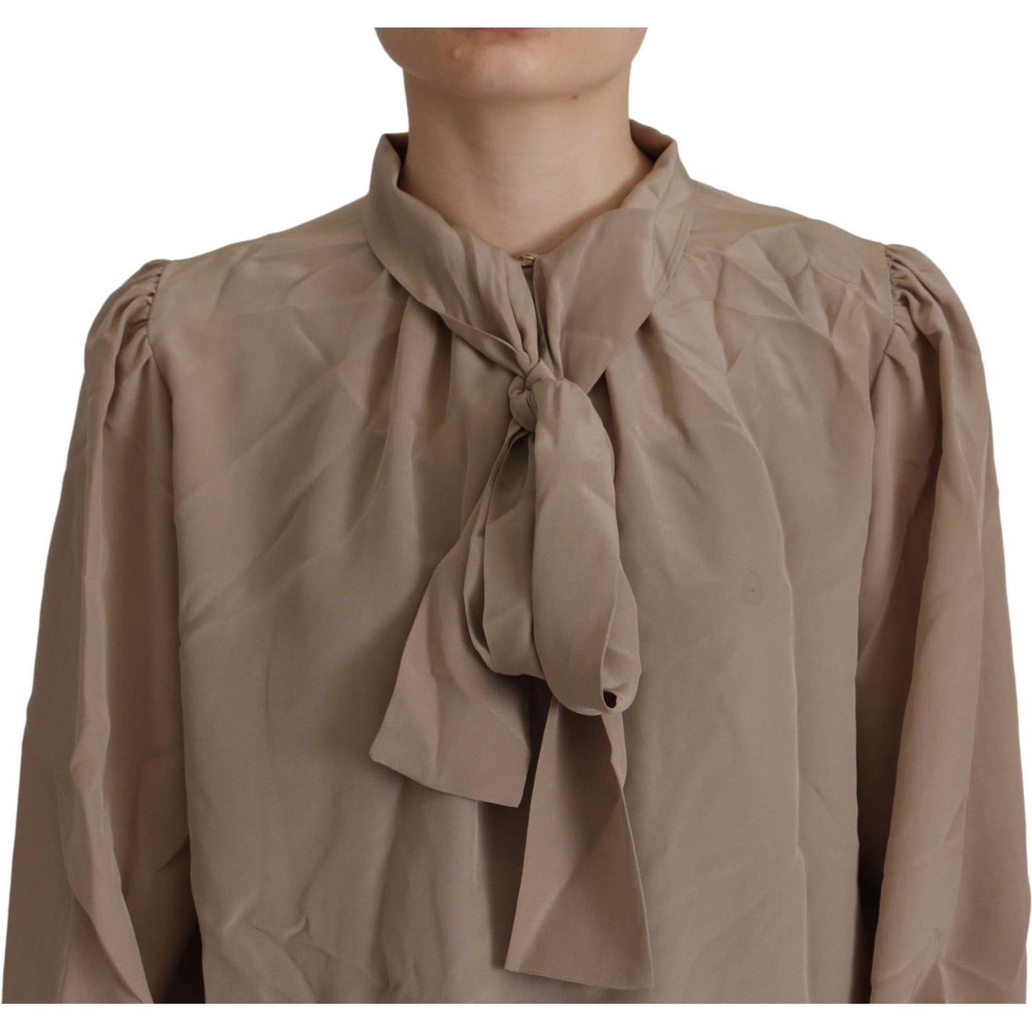 Dolce & Gabbana Brown Waistband Sleeves Ascot Collar Top Blouse TSH7823- 42
