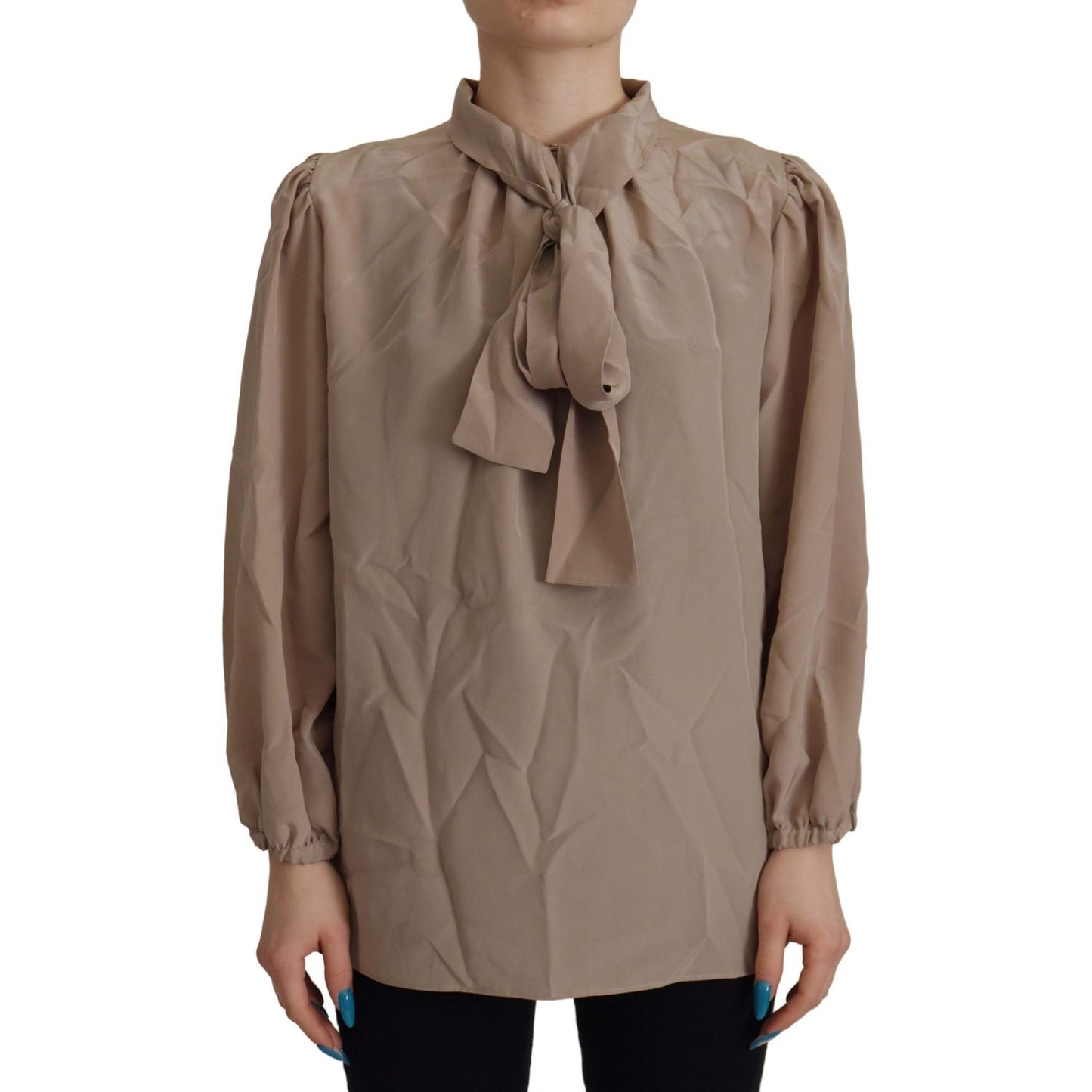 Dolce & Gabbana Brown Waistband Sleeves Ascot Collar Top Blouse TSH7823- 42