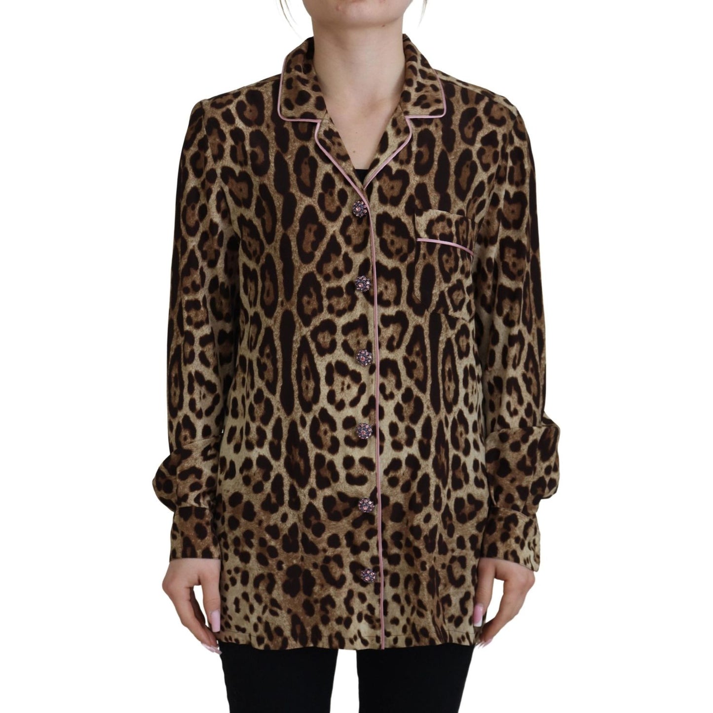 Dolce & Gabbana Brown Leopard Print Long Sleeves Blouse Top TSH83247 - 38