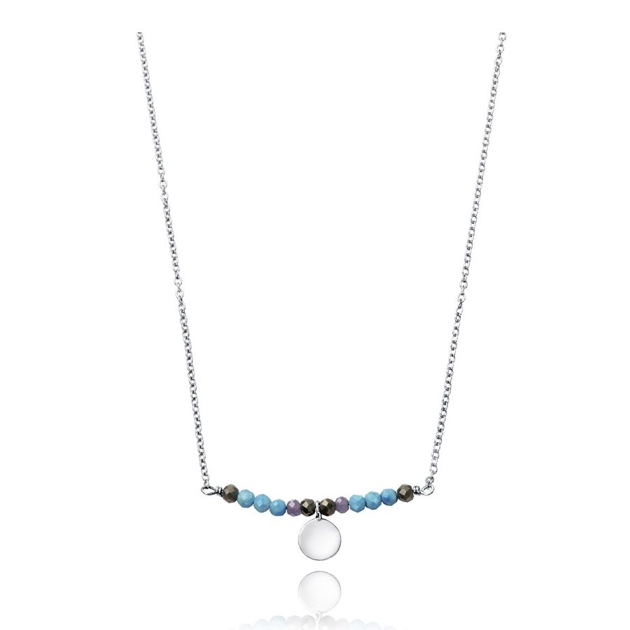Elegant silver necklace with colorful beads and a circular pendant on a white background.