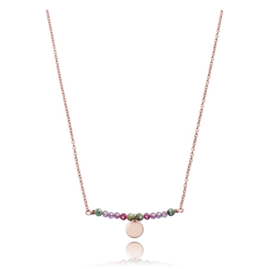 Elegant necklace with colorful beads and round pendant on a delicate chain, showcased on a white background.