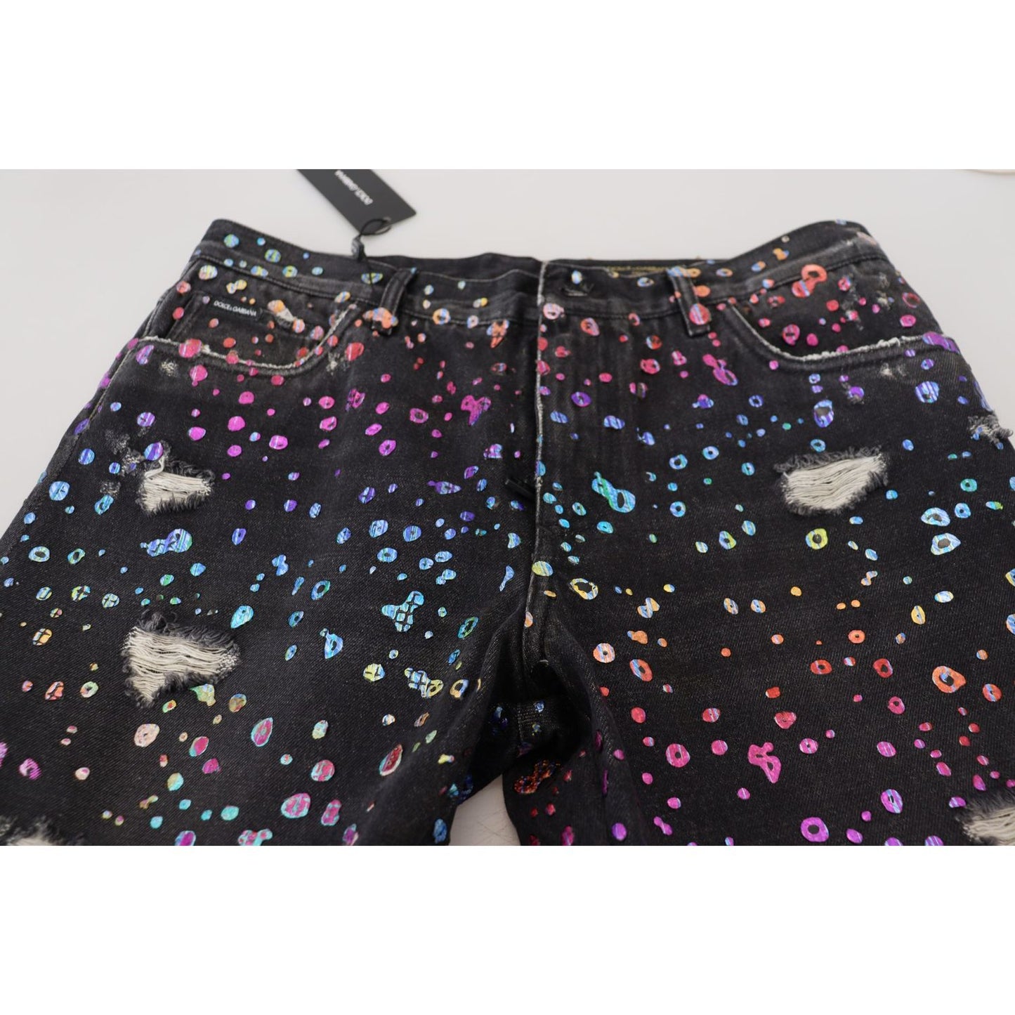 Dolce & Gabbana Black Multicolor Print Tattered Denim Jeans PAN73302 - 50
