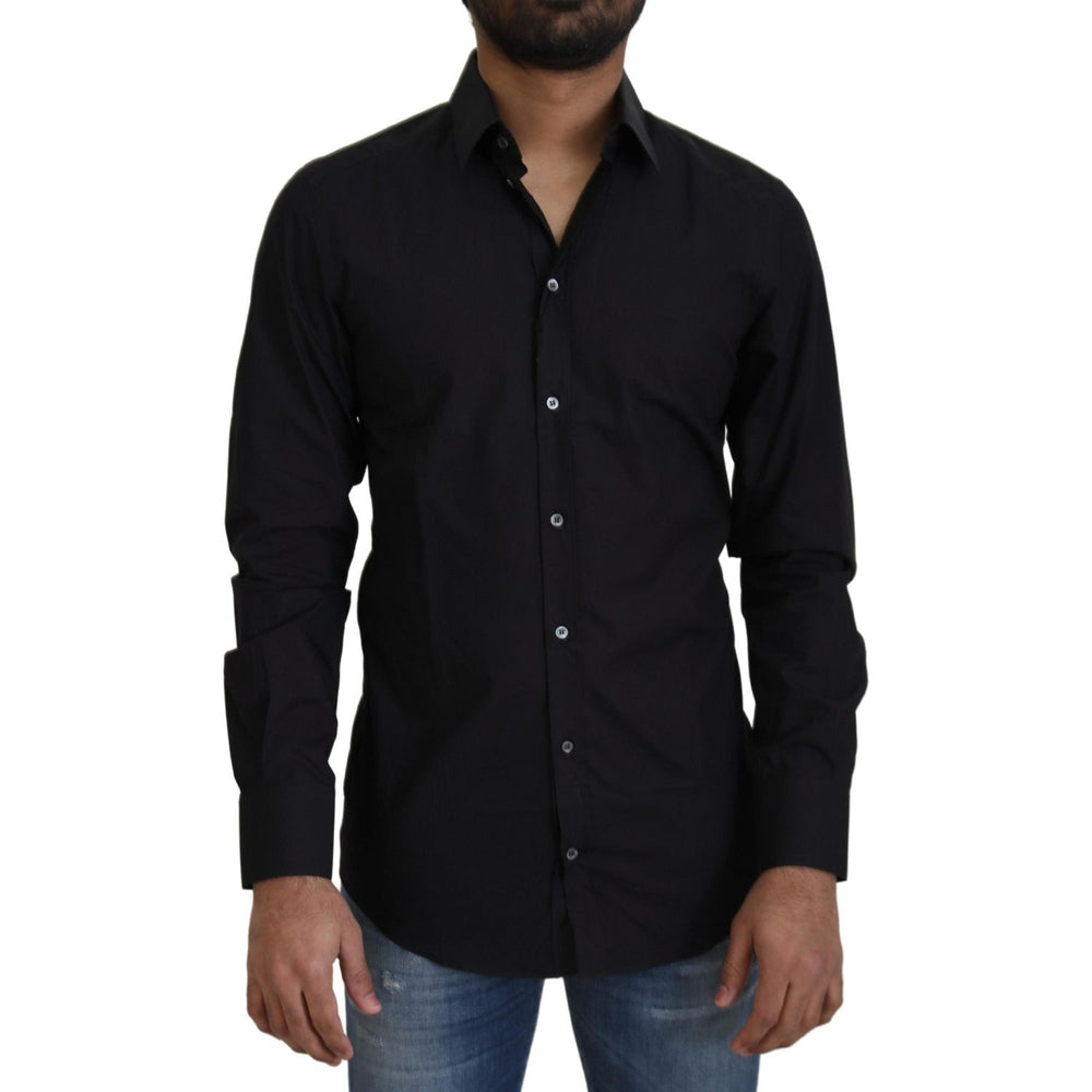 Dolce & Gabbana Black Cotton Slim Fit Formal Dress GOLD Shirt