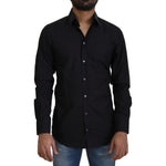 Dolce & Gabbana Black Cotton Slim Fit Formal Dress GOLD Shirt
