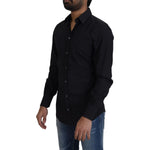 Dolce & Gabbana Black Cotton Slim Fit Formal Dress GOLD Shirt