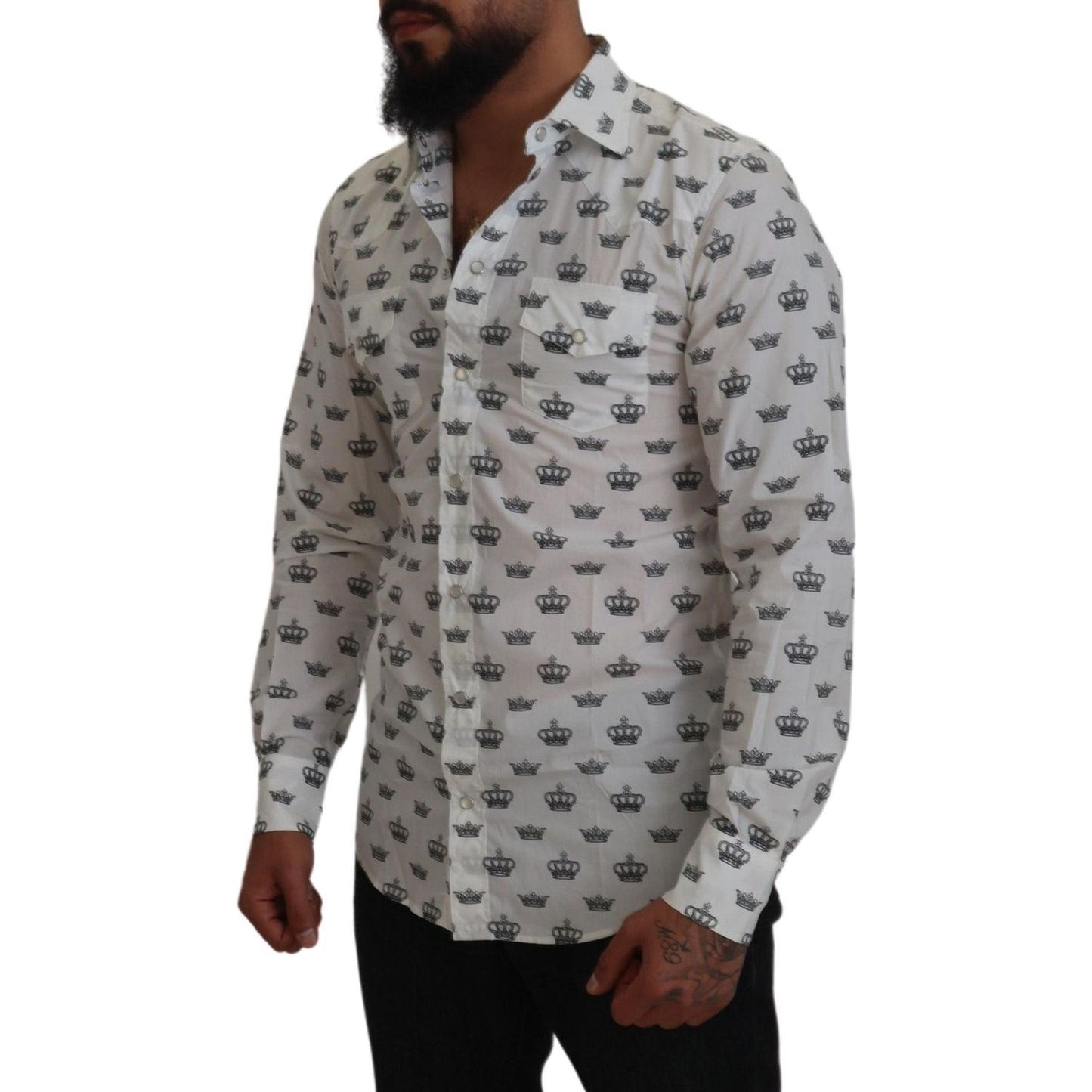 Dolce & Gabbana White Crown Print Slim Fit Cotton Shirt TSH83872- 37