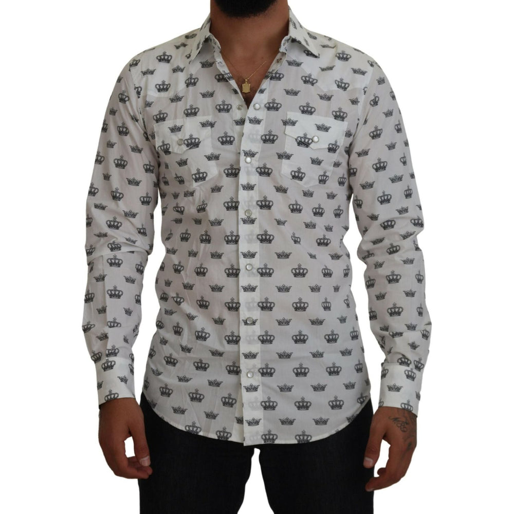 Dolce & Gabbana White Crown Print Slim Fit Cotton Shirt TSH83872- 37