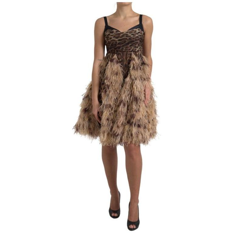 Dolce & Gabbana Brown Leopard Feather Chiffon Sleeveless Dress DR281000-40