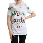 Dolce & Gabbana White Cotton Christmas Sequin Fur T-shirt TSH84218-36