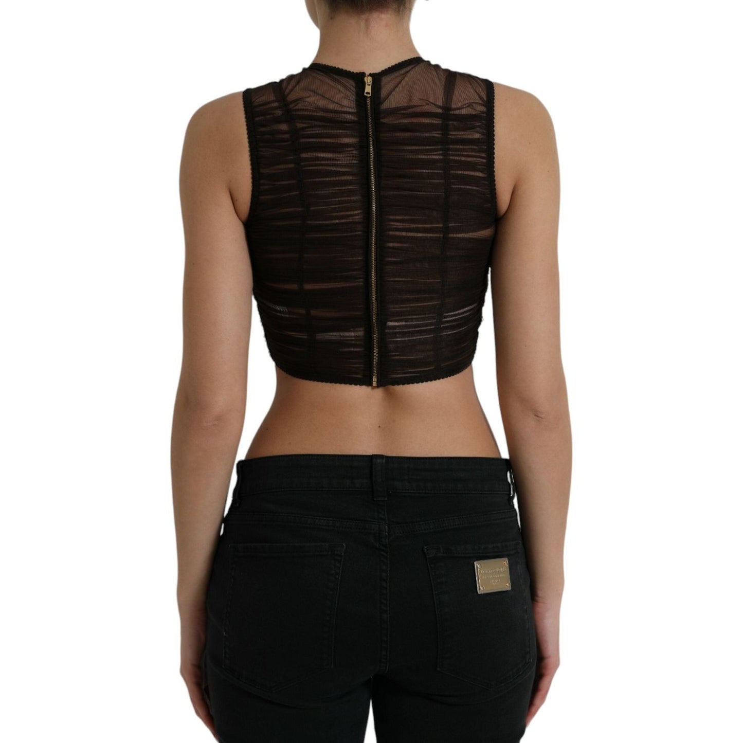 Dolce & Gabbana Brown Embellished Nylon Stretch Cropped Top TSH84290-40