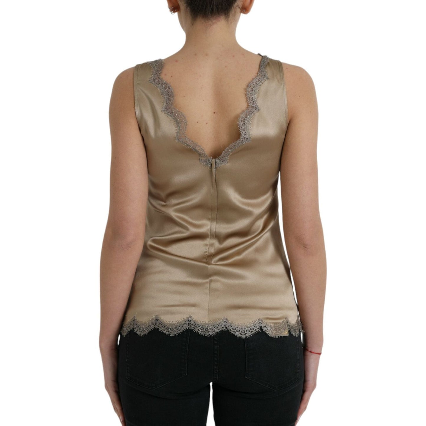 Dolce & Gabbana Brown Lace Trim V-neck Sleeveless Tank Top TSH84790-40