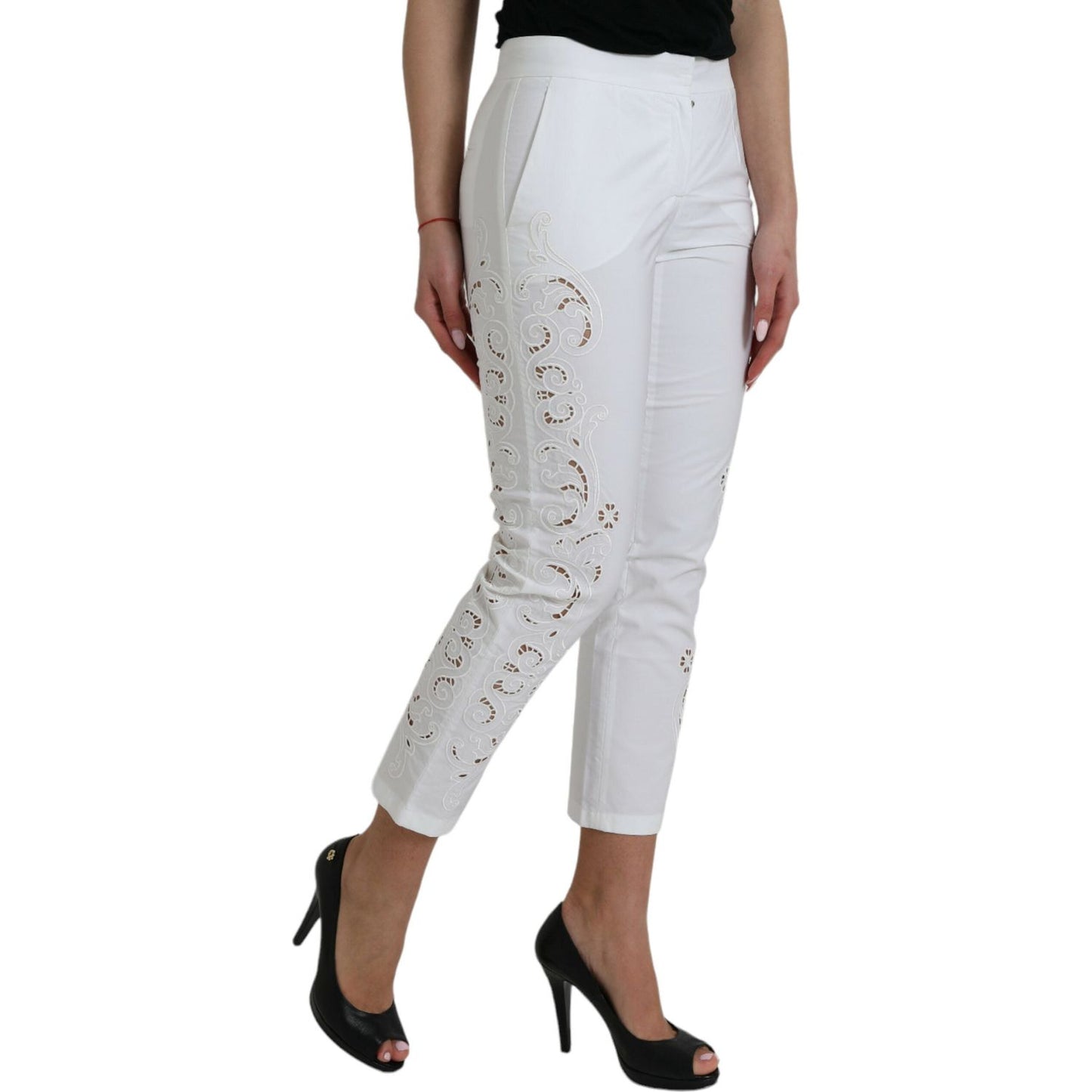 Dolce & Gabbana White Cut Out Cotton Mid Waist Cropped Pants PAN75124-38