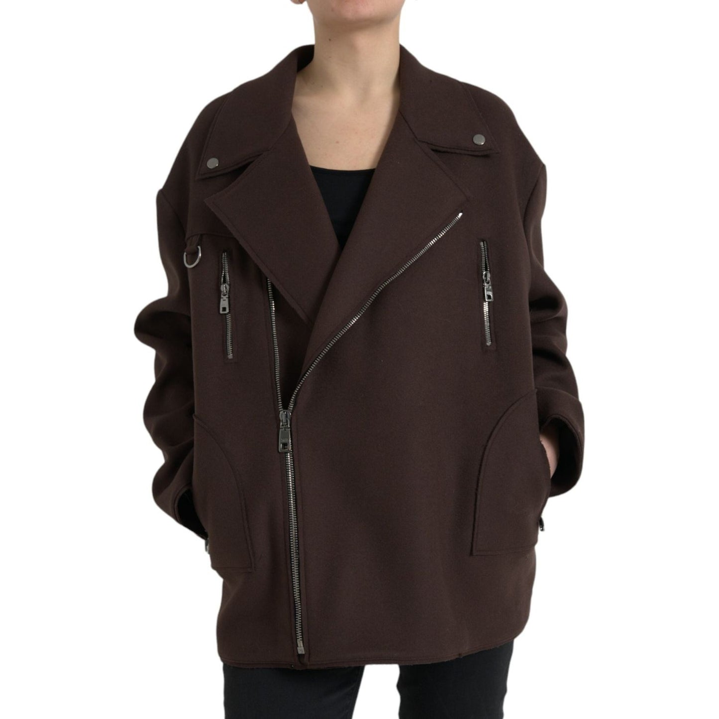 Dolce & Gabbana Brown Coat Short Biker Wool Jacket JKT4051-40