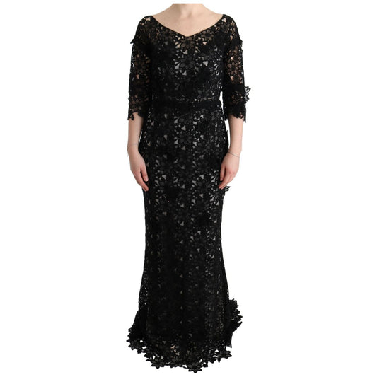 Dolce & Gabbana Black Cotton Silk Floral Long Dress Dresses