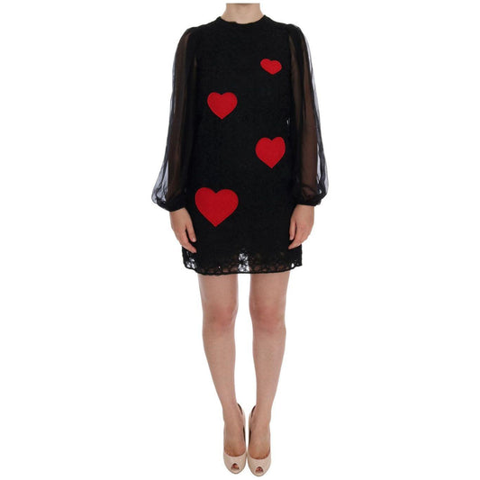 Dolce & Gabbana Black Lace Red Heart Shift Dress