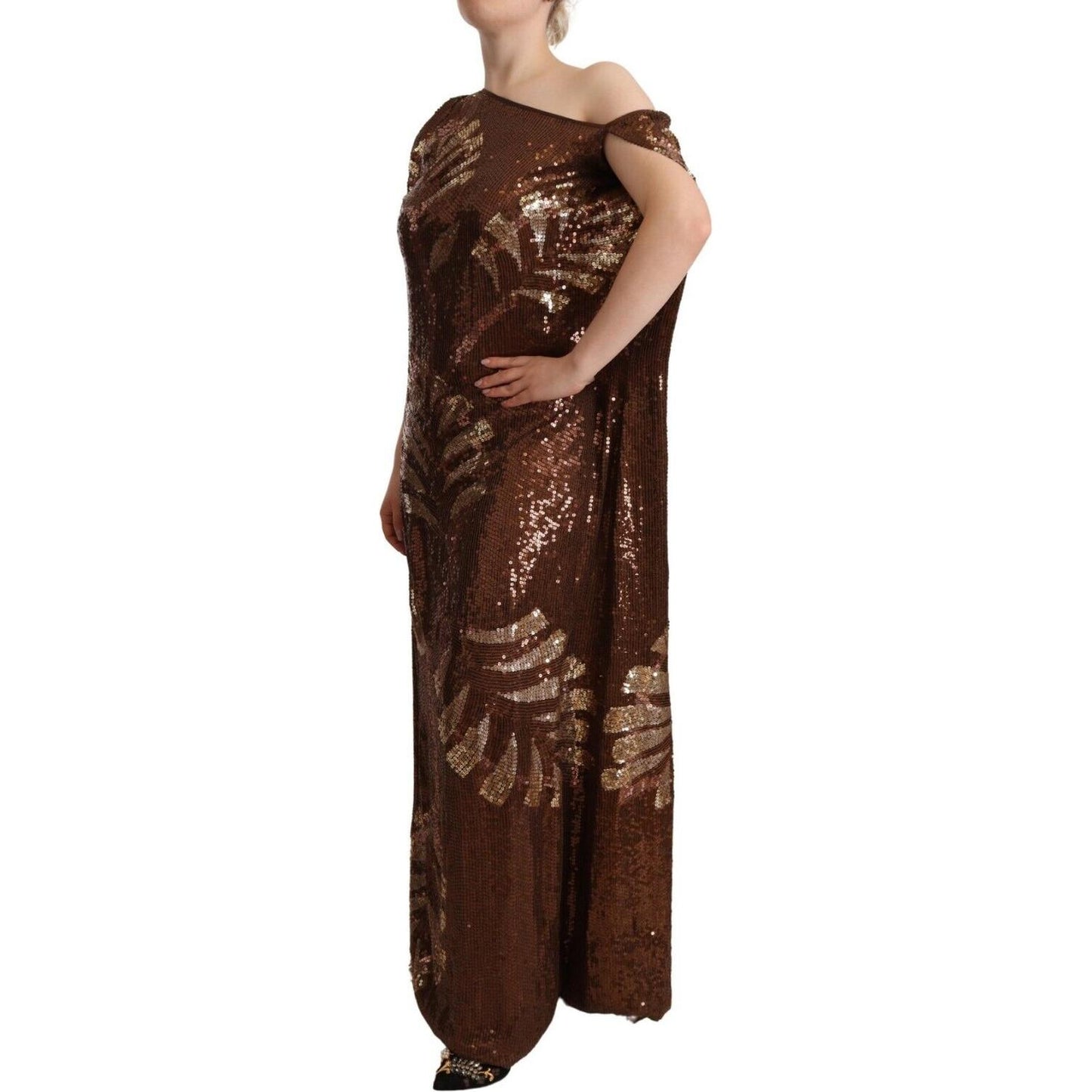 Dsquared² Brown Leaf Sequined Shift One Shoulder Long Dress DR28556