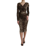 Dolce & Gabbana Brown Leopard Print Bodycon V-neck Midi Dress DR281158-38