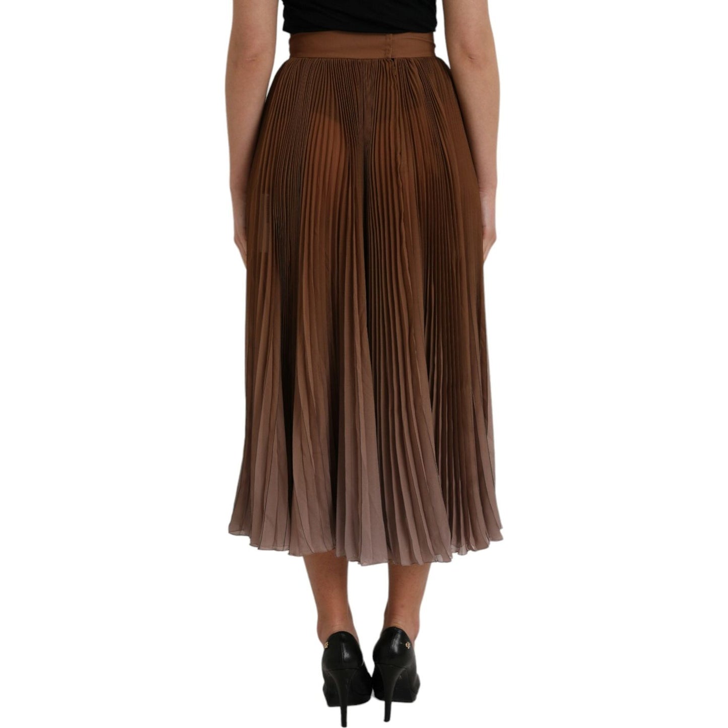 Dolce & Gabbana Brown Polyester Pleated High Waist Midi Skirt SKI1996-40
