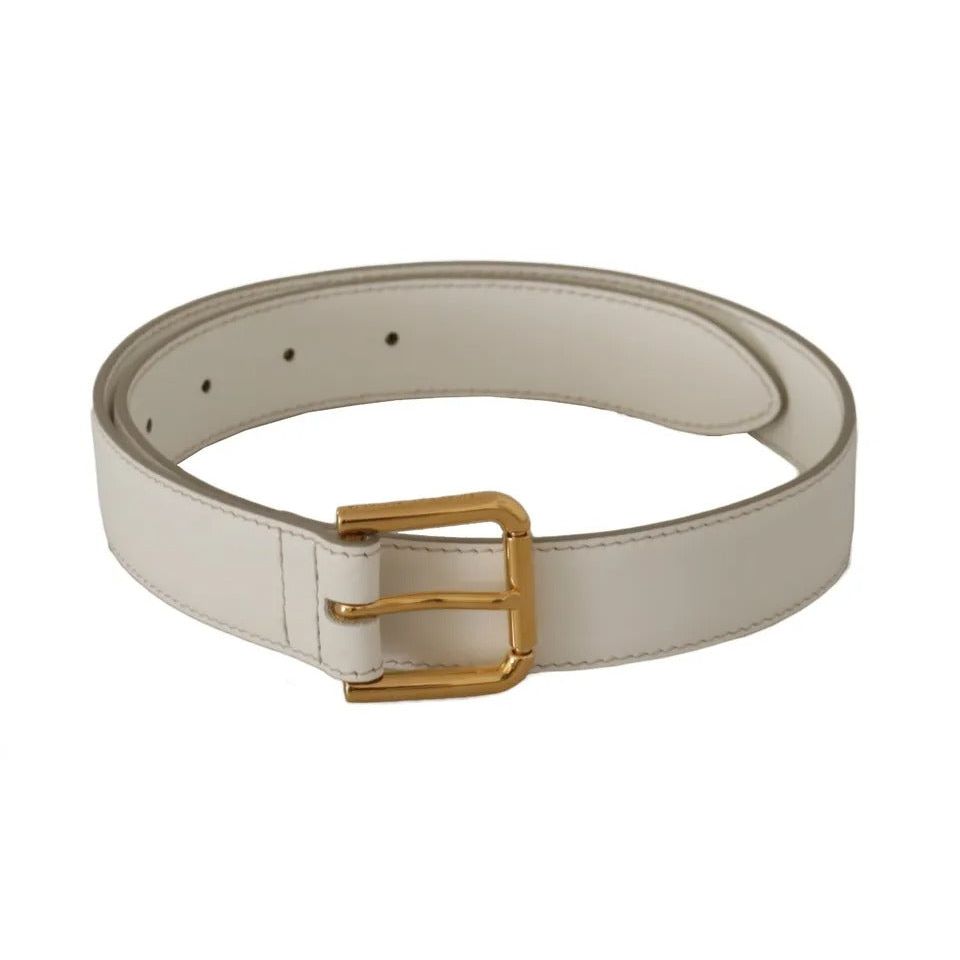 Dolce & Gabbana White Leather Gold Logo Engraved Metal Buckle Belt BEL8707-65
