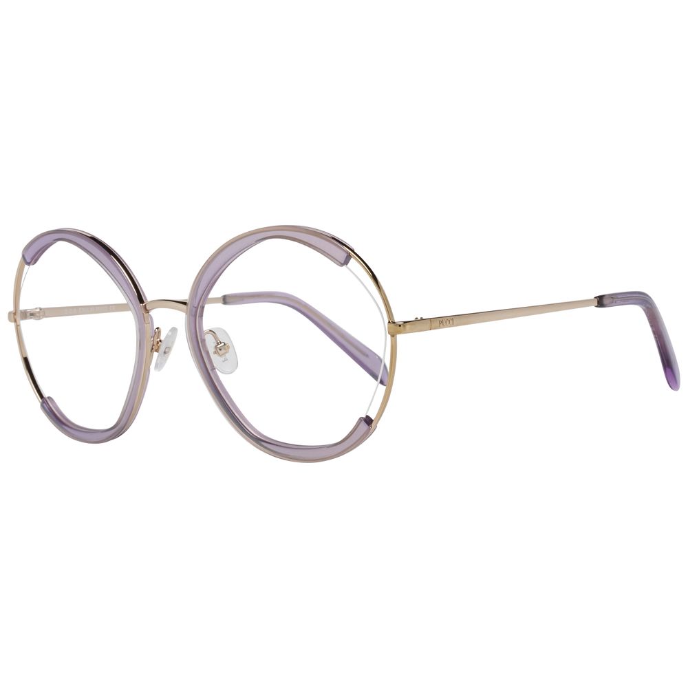 Alt Tag: Emilio Pucci Purple Women Glasses Frame, full-rim round design, metal and plastic build, featuring demo lenses, branded case included.