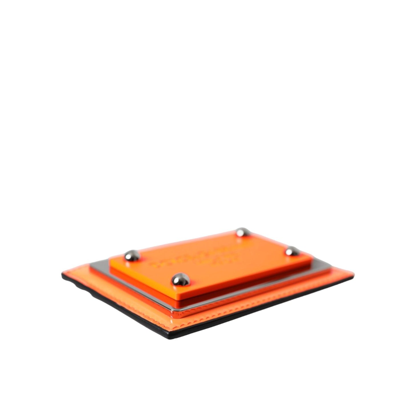 Dolce & Gabbana Orange Black Leather Logo Plaque Card Holder Wallet