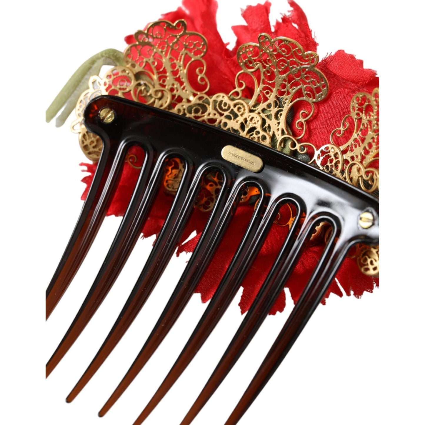 Dolce & Gabbana Red Silk Floral Gold Brass Women Hair Comb
