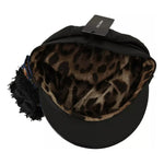 Dolce & Gabbana Black Leather Crystal Beads Gold Ribbon Fiddler Cap HAT70115-56